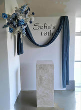 Load image into Gallery viewer, White rectangular backdrop 2.1m, blue flowers & cake stand - HIRE ONLY