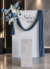 Load image into Gallery viewer, White rectangular backdrop 2.1m, blue flowers & cake stand - HIRE ONLY