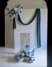 Load image into Gallery viewer, White rectangular backdrop 2.1m, 2 x blue flowers & cake stand - HIRE ONLY
