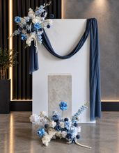 Load image into Gallery viewer, White rectangular backdrop 2.1m, 2 x blue flowers & cake stand - HIRE ONLY