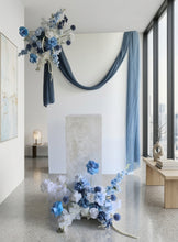 Load image into Gallery viewer, White rectangular backdrop 2.1m, 2 x blue flowers & cake stand - HIRE ONLY
