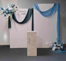 Load image into Gallery viewer, 2 x rectangular backdrop, 2 x blue flowers & cake stand - HIRE ONLY