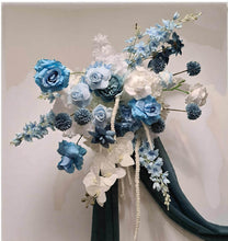 Load image into Gallery viewer, 2 x rectangular backdrop, 2 x blue flowers & cake stand - HIRE ONLY