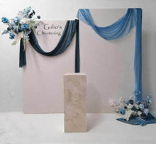 Load image into Gallery viewer, 2 x rectangular backdrop, 2 x blue flowers & cake stand - HIRE ONLY