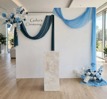 Load image into Gallery viewer, 2 x rectangular backdrop, 2 x blue flowers & cake stand - HIRE ONLY