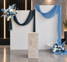 Load image into Gallery viewer, 2 x rectangular backdrop, 2 x blue flowers & cake stand - HIRE ONLY