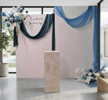 Load image into Gallery viewer, 2 x rectangular backdrop, 2 x blue flowers & cake stand - HIRE ONLY
