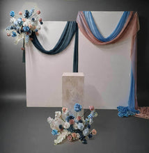 Load image into Gallery viewer, 2 x rectangular backdrop, 2 x blue / pink flowers & cake stand - HIRE ONLY