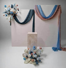 Load image into Gallery viewer, 2 x rectangular backdrop, 2 x blue / pink flowers & cake stand - HIRE ONLY