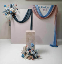Load image into Gallery viewer, 2 x rectangular backdrop, 2 x blue / pink flowers & cake stand - HIRE ONLY