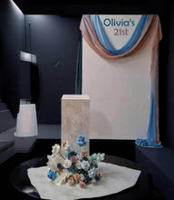 Load image into Gallery viewer, 2 x rectangular backdrop, 2 x blue / pink flowers & cake stand - HIRE ONLY
