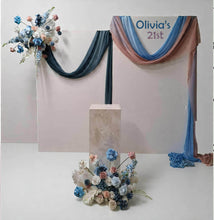 Load image into Gallery viewer, 2 x rectangular backdrop, 2 x blue / pink flowers & cake stand - HIRE ONLY