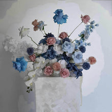 Load image into Gallery viewer, 2 x rectangular backdrop, 2 x blue / pink flowers & cake stand - HIRE ONLY