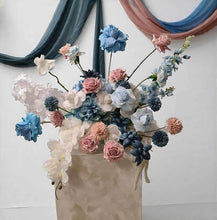 Load image into Gallery viewer, 2 x rectangular backdrop, 2 x blue / pink flowers & cake stand - HIRE ONLY