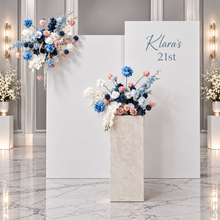 Load image into Gallery viewer, 2 x rectangular backdrop, 2 x blue / pink flowers & cake stand - HIRE ONLY
