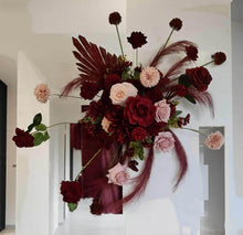 Load image into Gallery viewer, 2 x rectangular backdrop, 3 x burgundy & pink flowers - HIRE ONLY