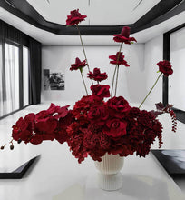 Load image into Gallery viewer, Burgundy floor / plinth flowers in white ribbed pot - HIRE OLY