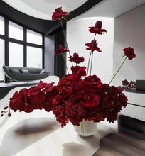 Load image into Gallery viewer, Burgundy floor / plinth flowers in white ribbed pot - HIRE OLY