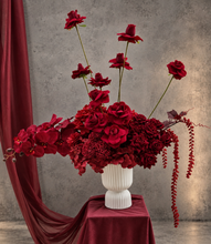 Load image into Gallery viewer, Burgundy floor / plinth flowers in white ribbed pot - HIRE OLY