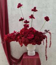 Load image into Gallery viewer, Burgundy floor / plinth flowers in white ribbed pot - HIRE OLY