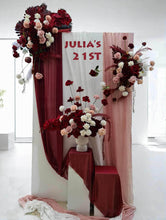 Load image into Gallery viewer, Burgundy, pink & white floor / plinth flowers in white ribbed pot - HIRE ONLY