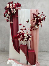 Load image into Gallery viewer, Rectangular backdrop, 3 x burgundy, pink & white flowers - HIRE ONLY