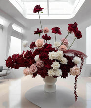 Load image into Gallery viewer, Burgundy, pink & white floor / plinth flowers in white ribbed pot - HIRE ONLY