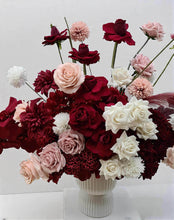 Load image into Gallery viewer, Burgundy, pink & white floor / plinth flowers in white ribbed pot - HIRE ONLY