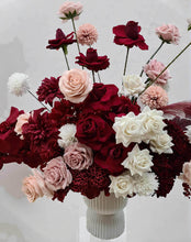 Load image into Gallery viewer, Burgundy, pink & white floor / plinth flowers in white ribbed pot - HIRE ONLY