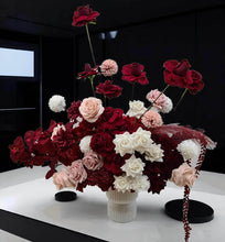 Load image into Gallery viewer, Burgundy, pink & white floor / plinth flowers in white ribbed pot - HIRE ONLY