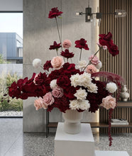 Load image into Gallery viewer, Burgundy, pink & white floor / plinth flowers in white ribbed pot - HIRE ONLY