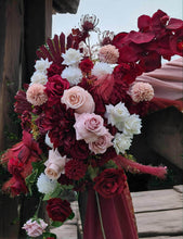 Load image into Gallery viewer, Rustic wooden arbour & 2 x red, pink & white flowers - HIRE ONLY