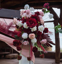 Load image into Gallery viewer, Rustic wooden arbour & 2 x red, pink & white flowers - HIRE ONLY