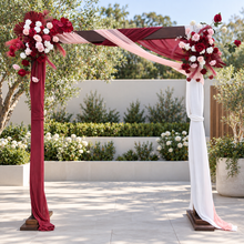 Load image into Gallery viewer, Rustic wooden arbour & 2 x red, pink & white flowers - HIRE ONLY