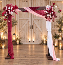 Load image into Gallery viewer, Rustic wooden arbour & 2 x red, pink & white flowers - HIRE ONLY