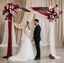 Load image into Gallery viewer, Rustic wooden arbour & 2 x red, pink & white flowers - HIRE ONLY