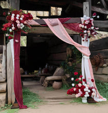 Load image into Gallery viewer, Rustic wooden arbour & 3 x red, pink & white flowers - HIRE ONLY