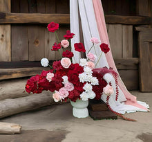 Load image into Gallery viewer, Rustic wooden arbour & 3 x red, pink & white flowers - HIRE ONLY