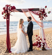 Load image into Gallery viewer, Rustic wooden arbour & 3 x red, pink & white flowers - HIRE ONLY