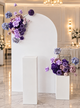 Load image into Gallery viewer, 1.8m foldable arch & 2 x purple / violet flowers & cake stand – Deluxe Package - HIRE ONLY