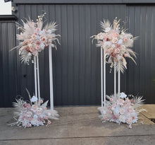 Load image into Gallery viewer, Boho Blush Romantic flowers & white stands – Basic Package - HIRE ONLY