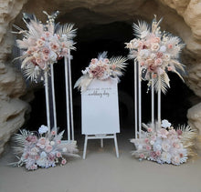 Load image into Gallery viewer, White Stands, Boho blush romantic flowers & welcome sign - Advanced Package - HIRE ONLY