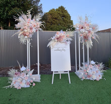Load image into Gallery viewer, White Stands, Boho blush romantic flowers & welcome sign - Advanced Package - HIRE ONLY