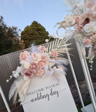 Load image into Gallery viewer, White Stands, Boho blush romantic flowers & welcome sign - Advanced Package - HIRE ONLY