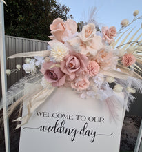 Load image into Gallery viewer, White Stands, Boho blush romantic flowers & welcome sign - Advanced Package - HIRE ONLY