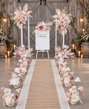 Load image into Gallery viewer, Boho Blush Romantic flowers, white stands, welcome sign & 10 x table / aisle flowers – Deluxe Package - HIRE ONLY