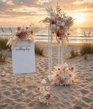 Load image into Gallery viewer, Boho Blush Romantic flowers, white stands, welcome sign & 10 x table / aisle flowers – Deluxe Package - HIRE ONLY
