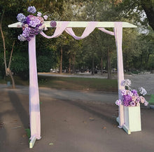 Load image into Gallery viewer, White wood arbour & 2 x purple / violet flowers - HIRE ONLY