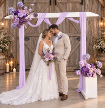 Load image into Gallery viewer, White wood arbour & 2 x purple / violet flowers - HIRE ONLY