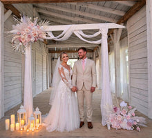 Load image into Gallery viewer, White wood arbour & 2 x Boho blush romantic flowers - HIRE ONLY